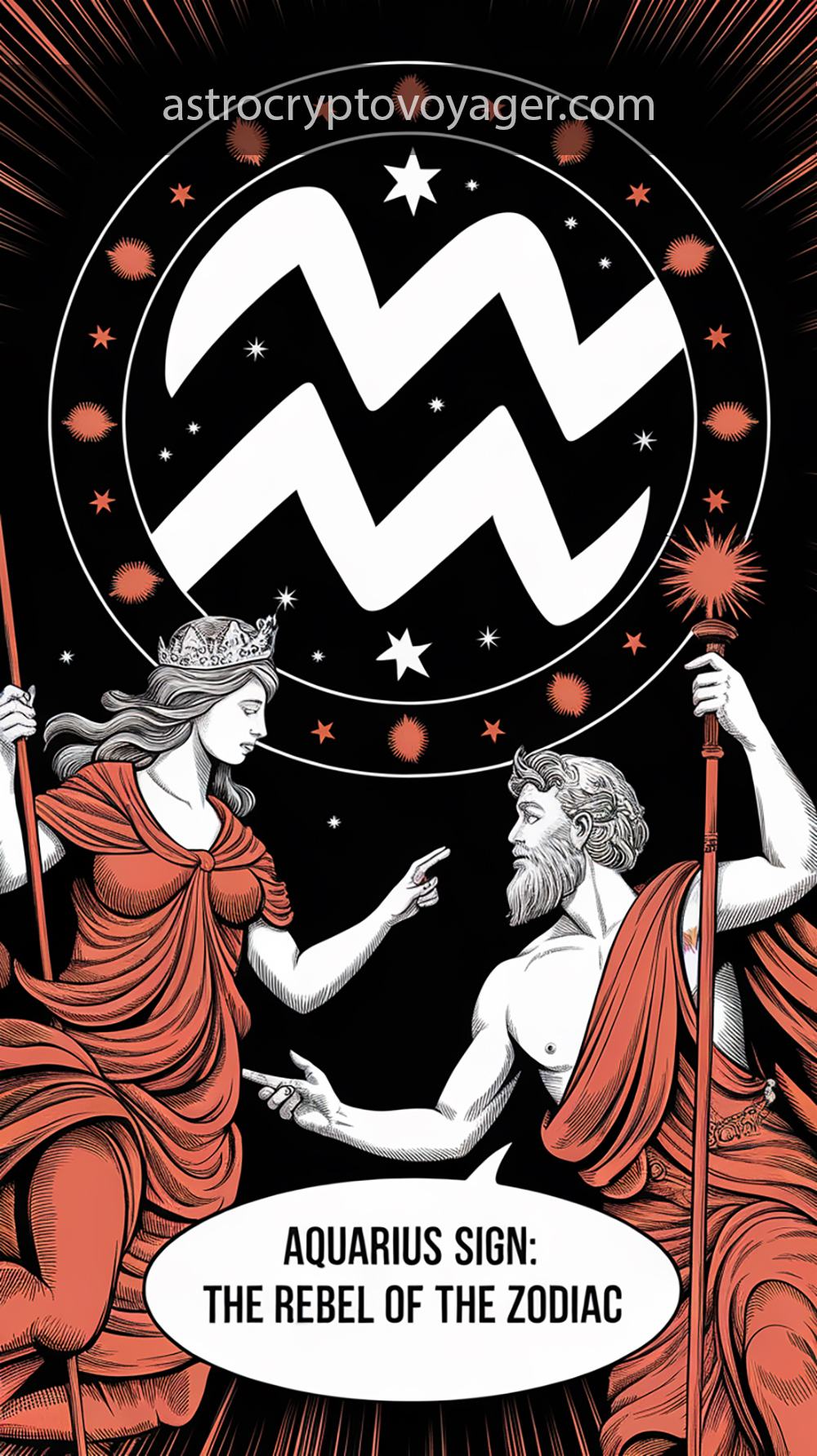 Comic book style, black and white with orange accents: Text on the image: "Aquarius Sign The Rebel of the Zodiac"